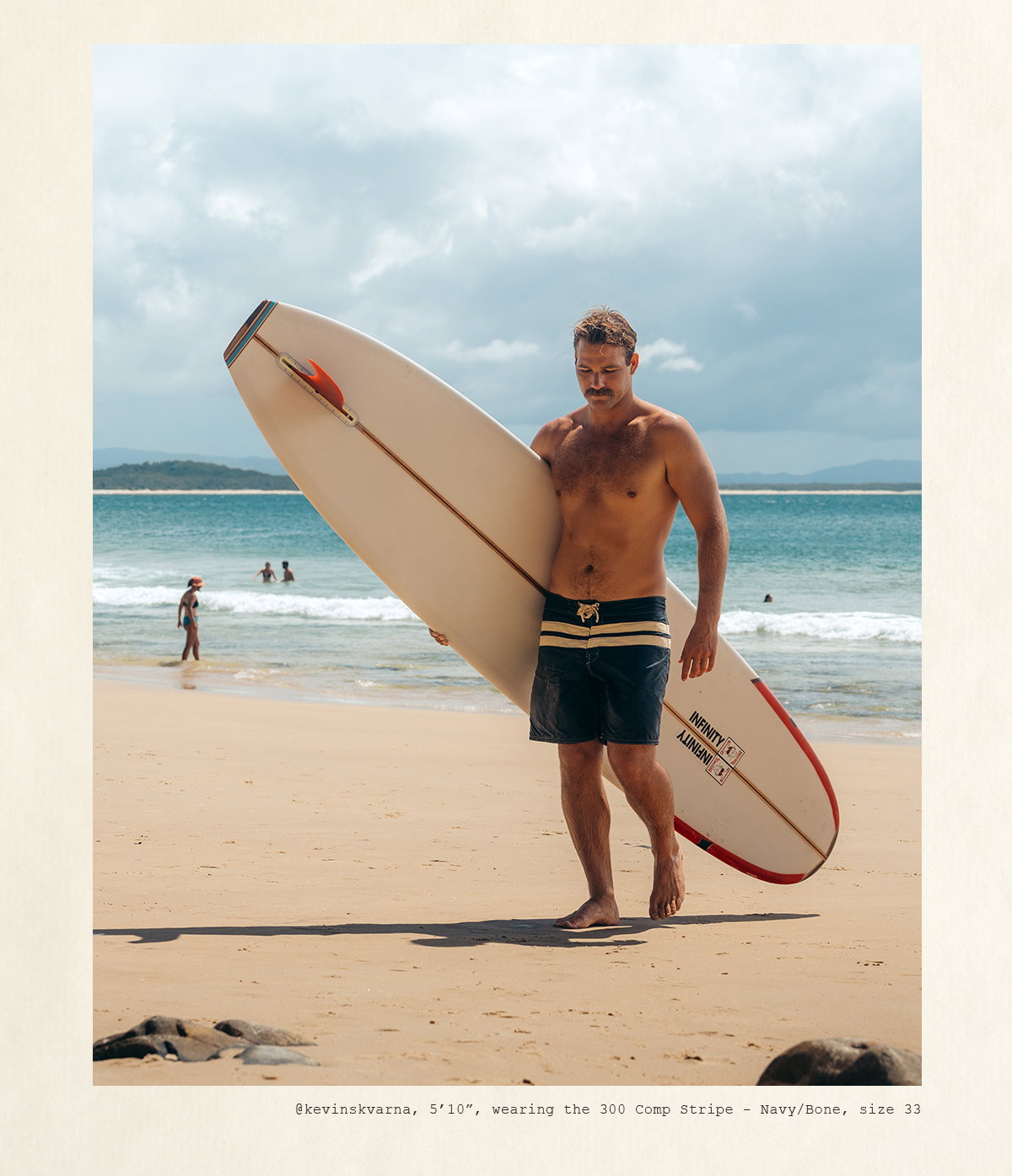 Kevin, 5'10", wearing the 300 Comp Stripe - Navy/Bone, size 33