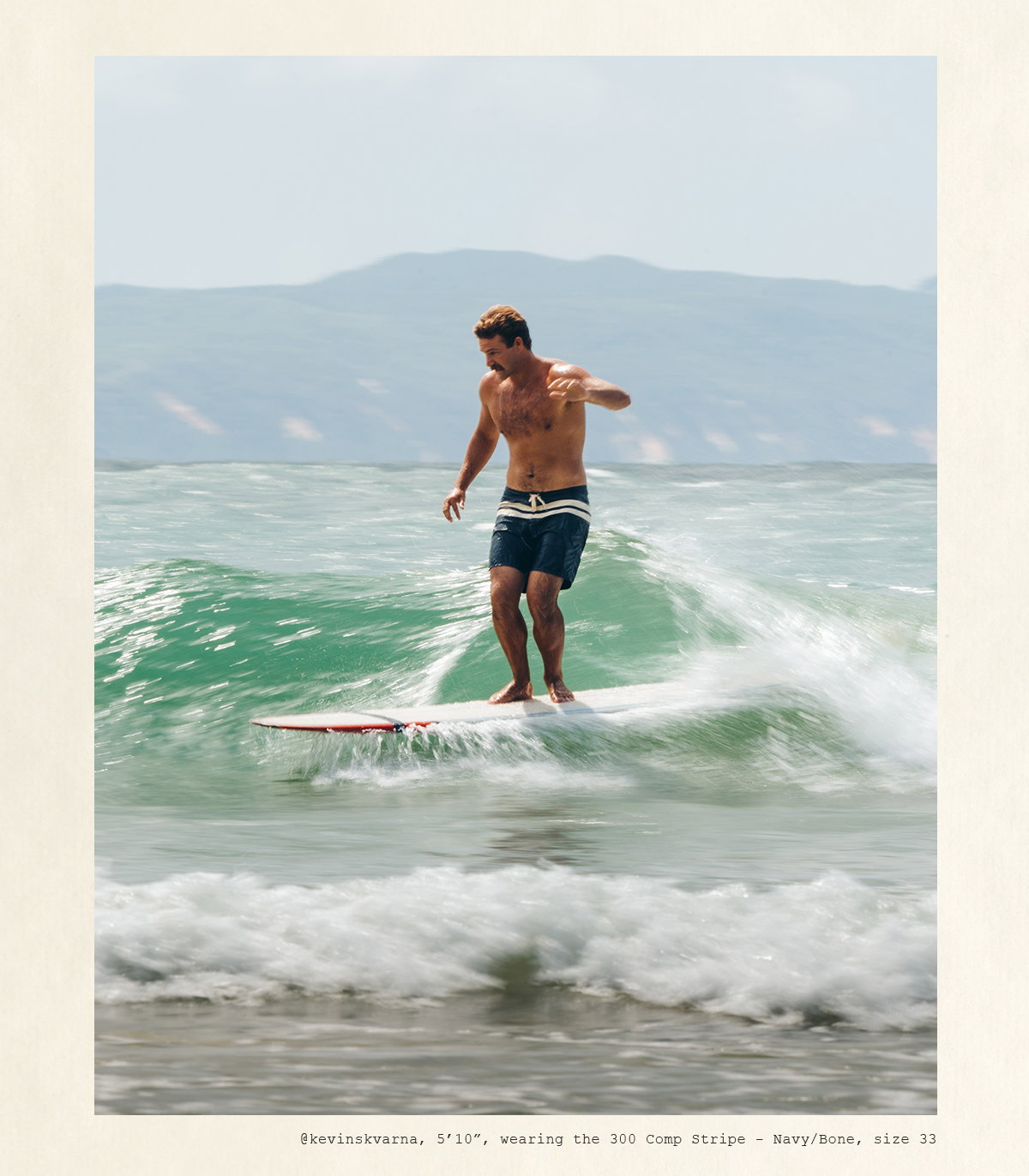 Kevin, 5'10", wearing the 300 Comp Stripe - Navy/Bone, size 33