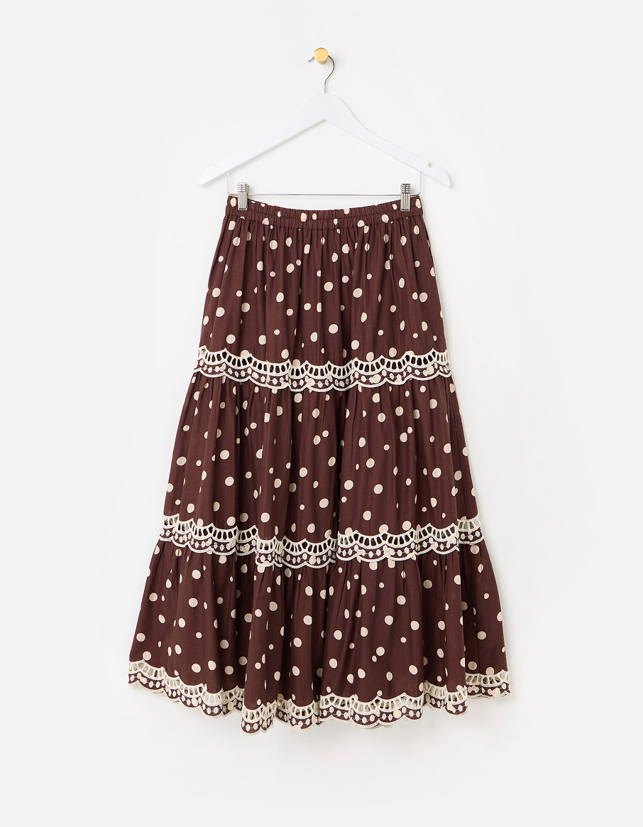 Chocolate Brown Polka Dot Scalloped Cutwork Midi Skirt