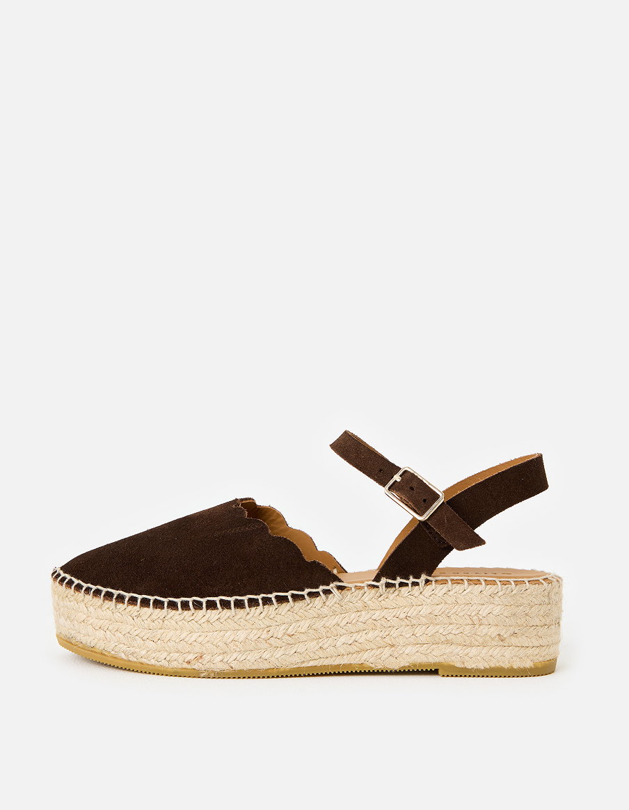 Chocolate Brown Suede Scalloped Edge Espadrille Sandals