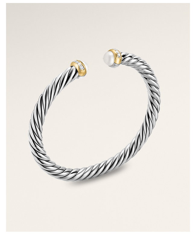 Cable Flex® BraceletSterling Silver with 14K Yellow Gold, Pearls and Diamonds, 6mm