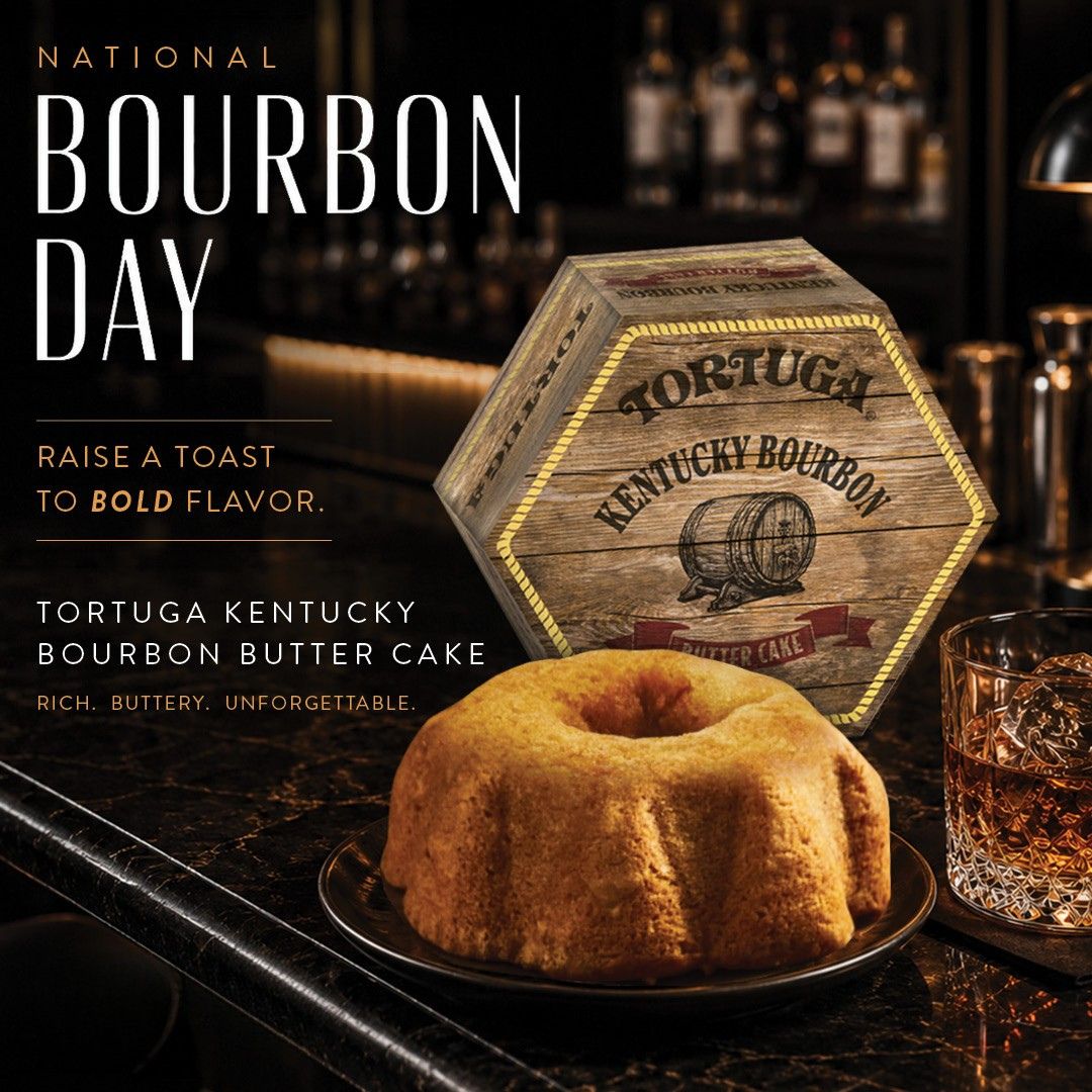 Tortuga Kentucky Bourbon butter cake on a plate on counter top.