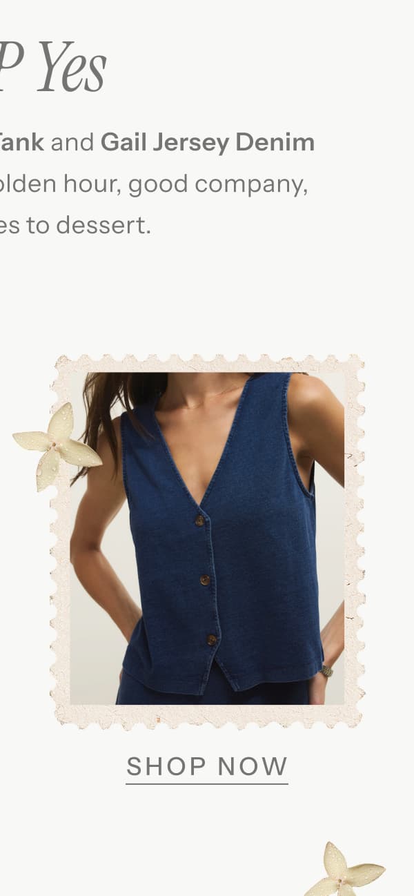 RSVP Yes — The Noelle Jersey Denim Tank and Gail Jersey Denim Midi was made for golden hour, good company, and saying yes to dessert.