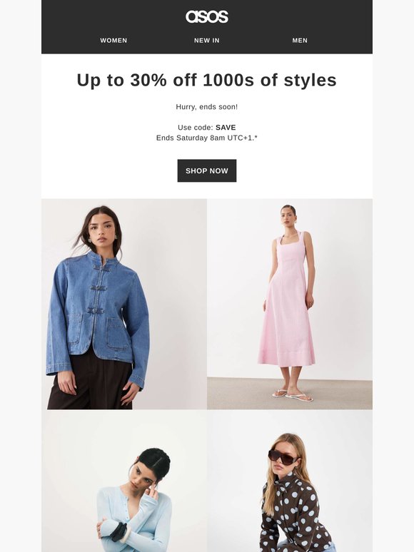 Last chance: up to 30% off 1000s of styles