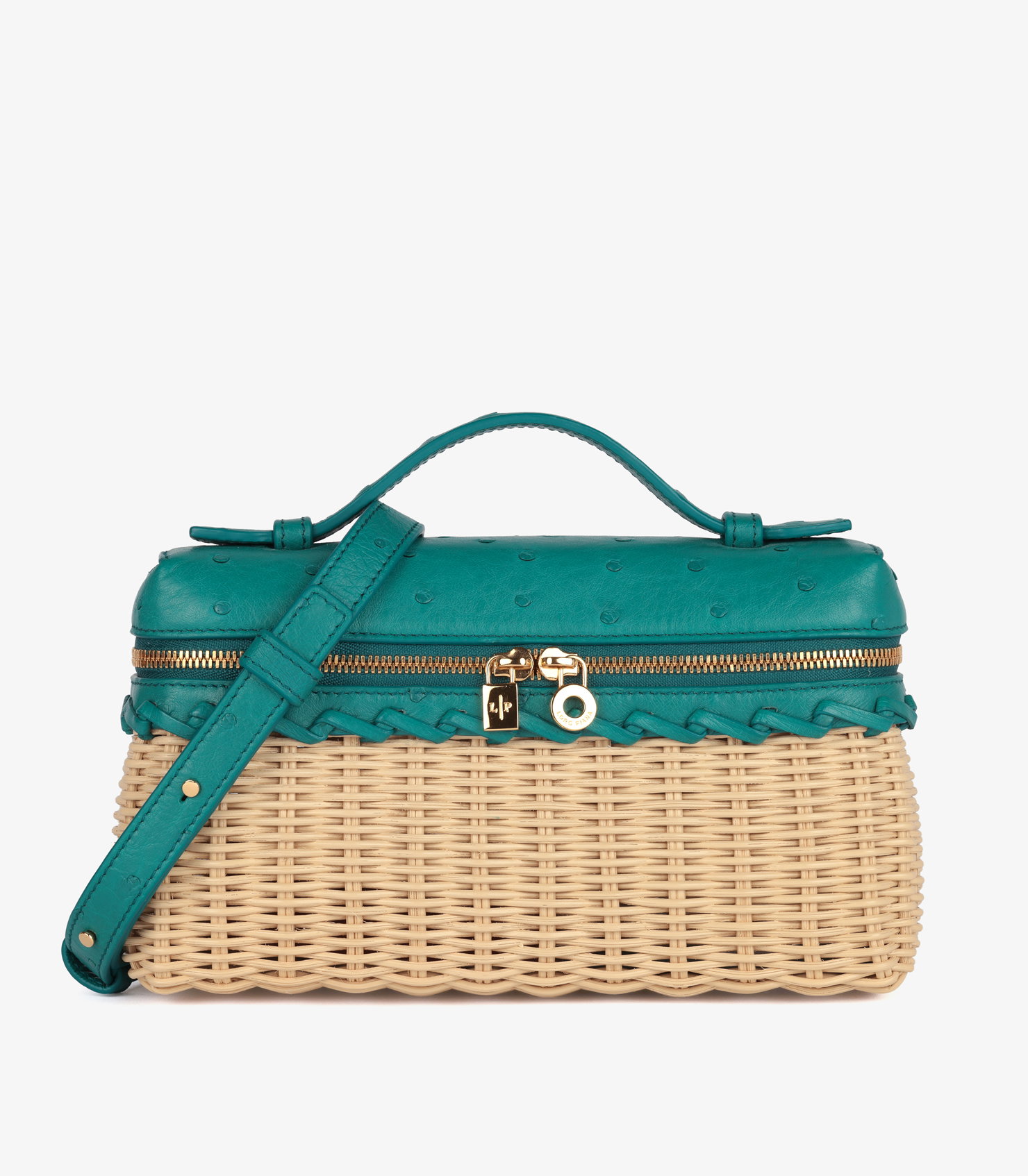 Turquoise Ostrich Leather & Natural Bamboo Wicker East-West Extra Pocket L19