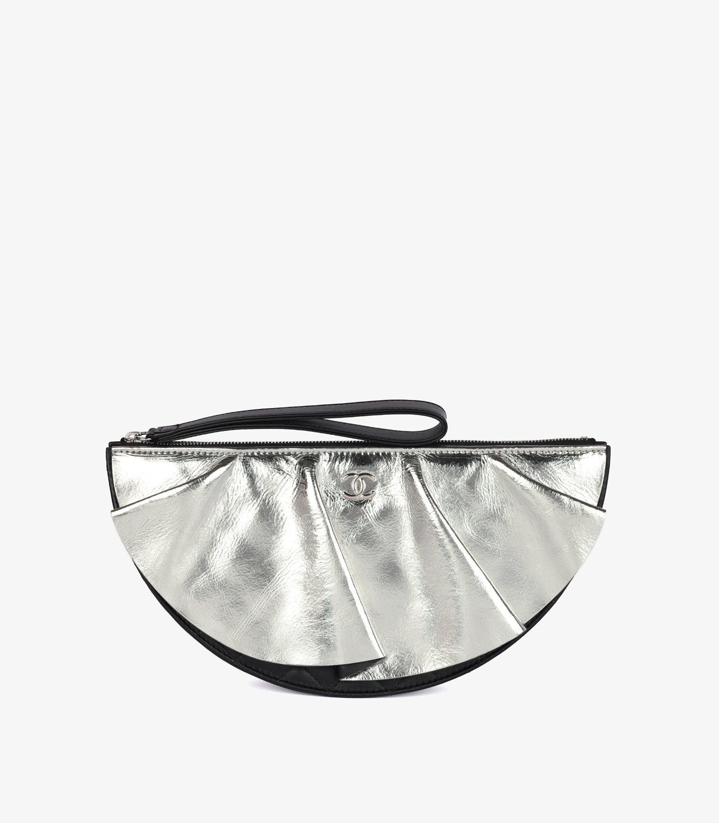 Black Quilted Lambskin & Silver Metallic Wrinkled Calfskin Leather Wave Classic Half Circle Wristlet Clutch