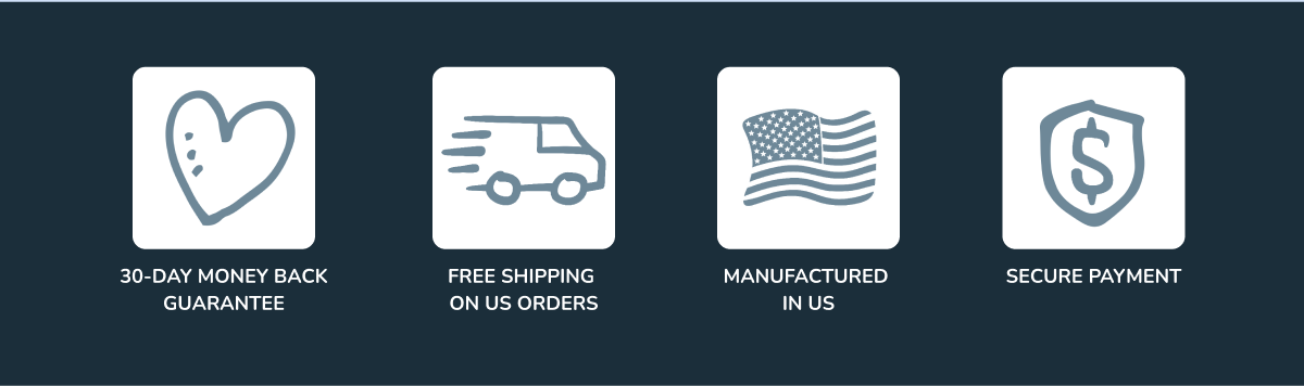 Heart symbol, delivery truck, American flag, shield with dollar sign icons.