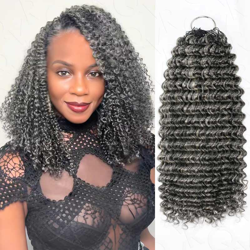 Image of QVR Salt Pepper Crochet Hair Small Kinky Curly Machine Made Feather Human Hair Extension