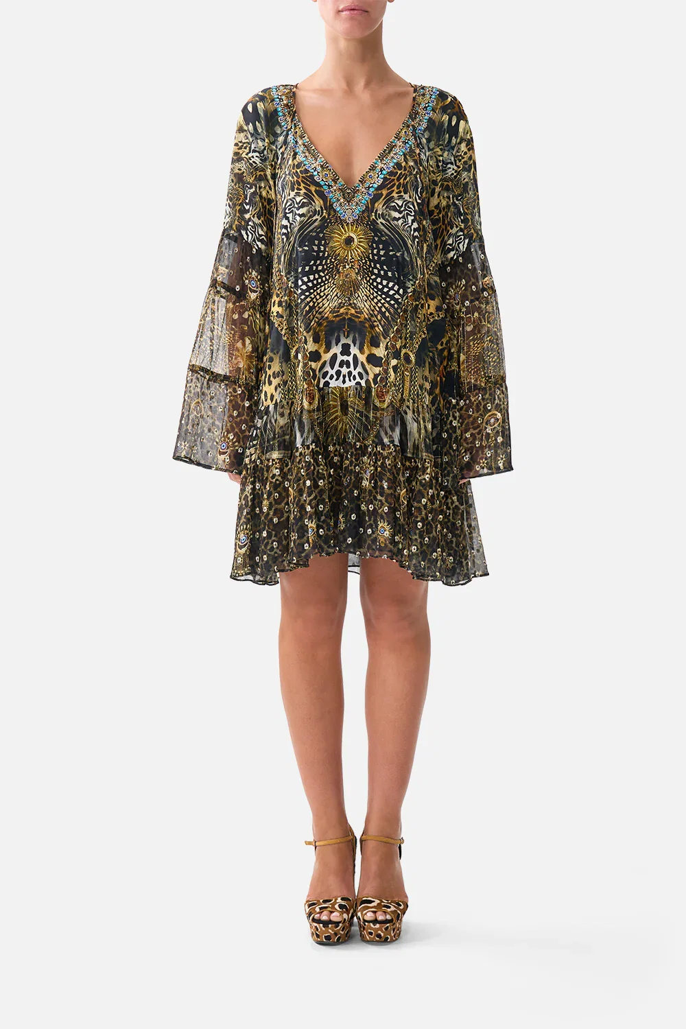 Image of A-LINE GATHERED PANEL DRESS FELINE FOLKLORE
