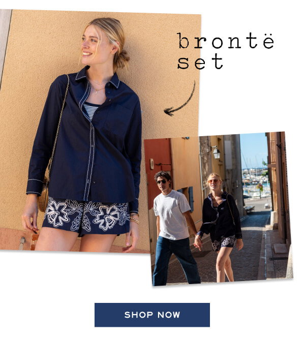 Bronte Set - Shop now - Image of a woman wearing a navy button up and matching shorts
