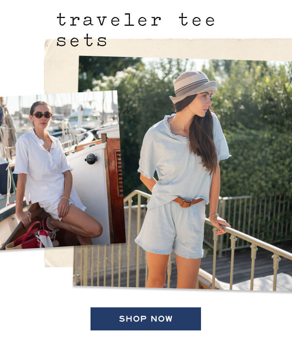 Traveler Tee Sets - Shop now - Images of a woman wearing different ruffle tee sets