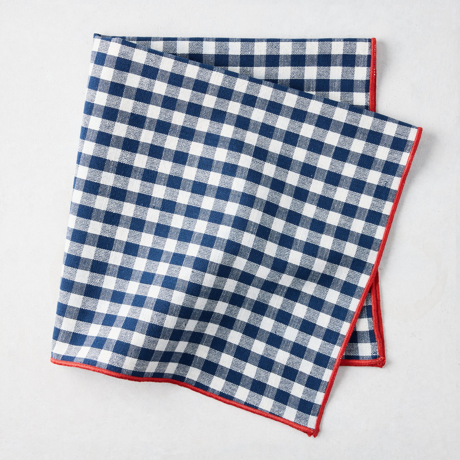 Image of Chatham Navy Blue Gingham Cotton Napkin with Red Trim