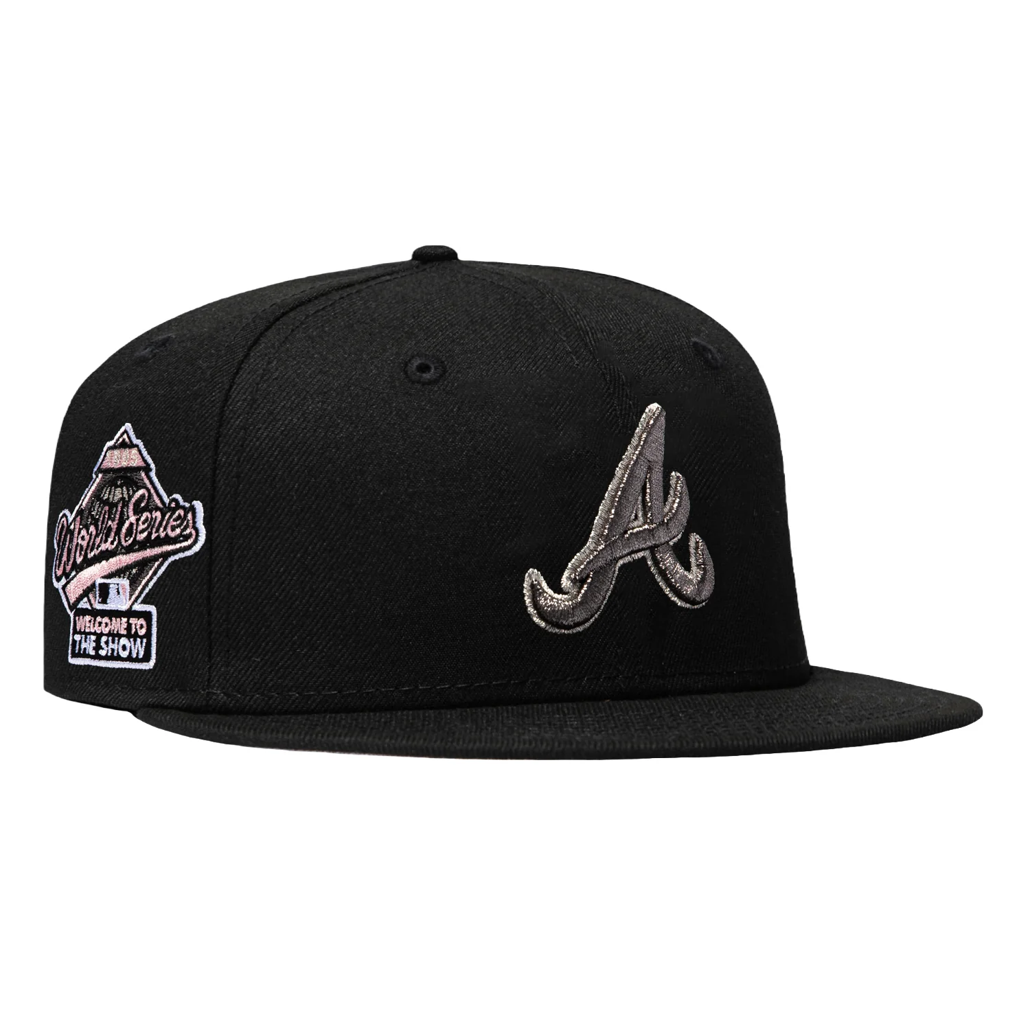 Image of New Era 59Fifty Pink Rouge Atlanta Braves 1995 World Series Welcome to the Show Patch Pink UV Hat - Black