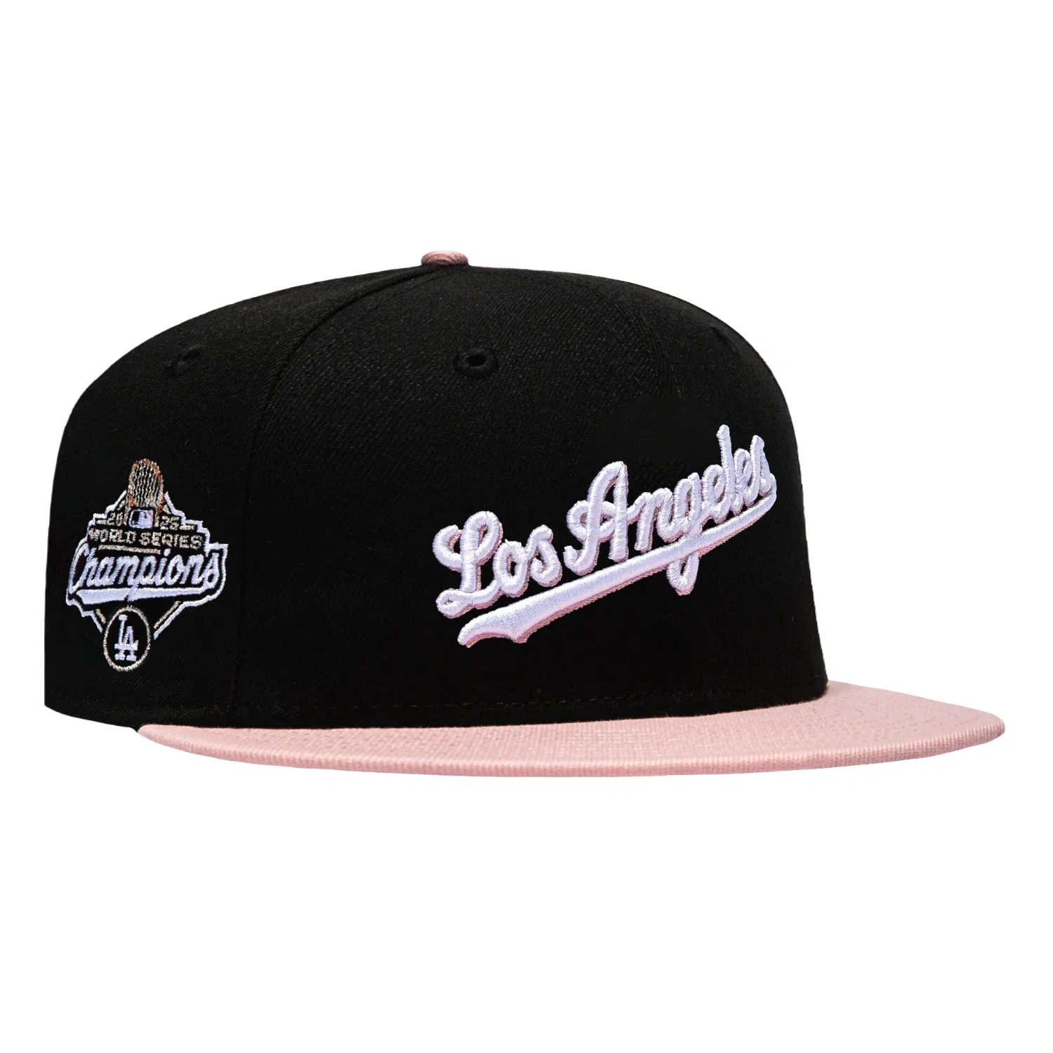 Image of New Era 59Fifty Pink Rouge Los Angeles Dodgers 2025 World Series Champions Patch Script Hat - Black, Pink