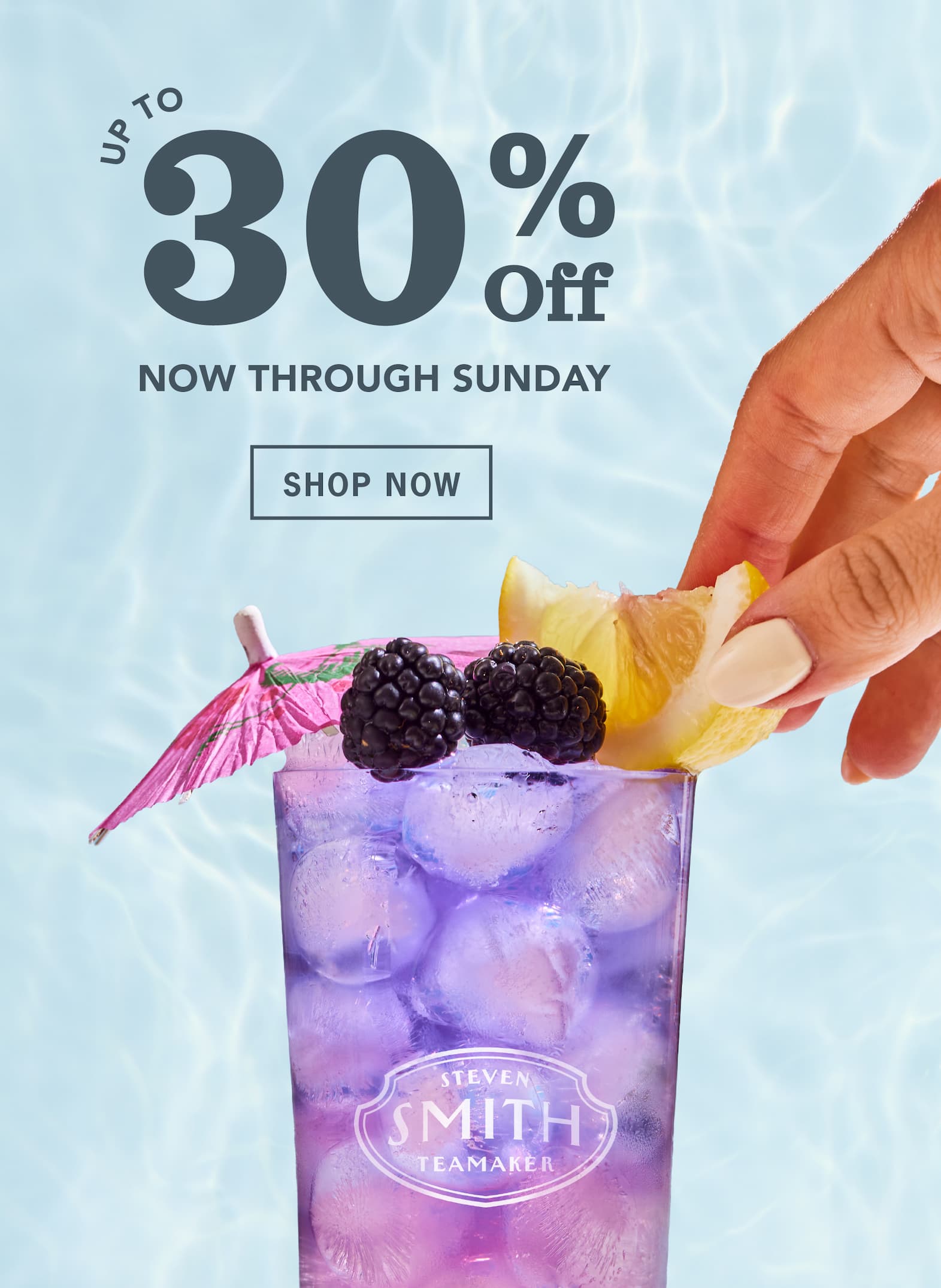 Hero: Up to 30% off now through Sunday  CTA: Shop Now