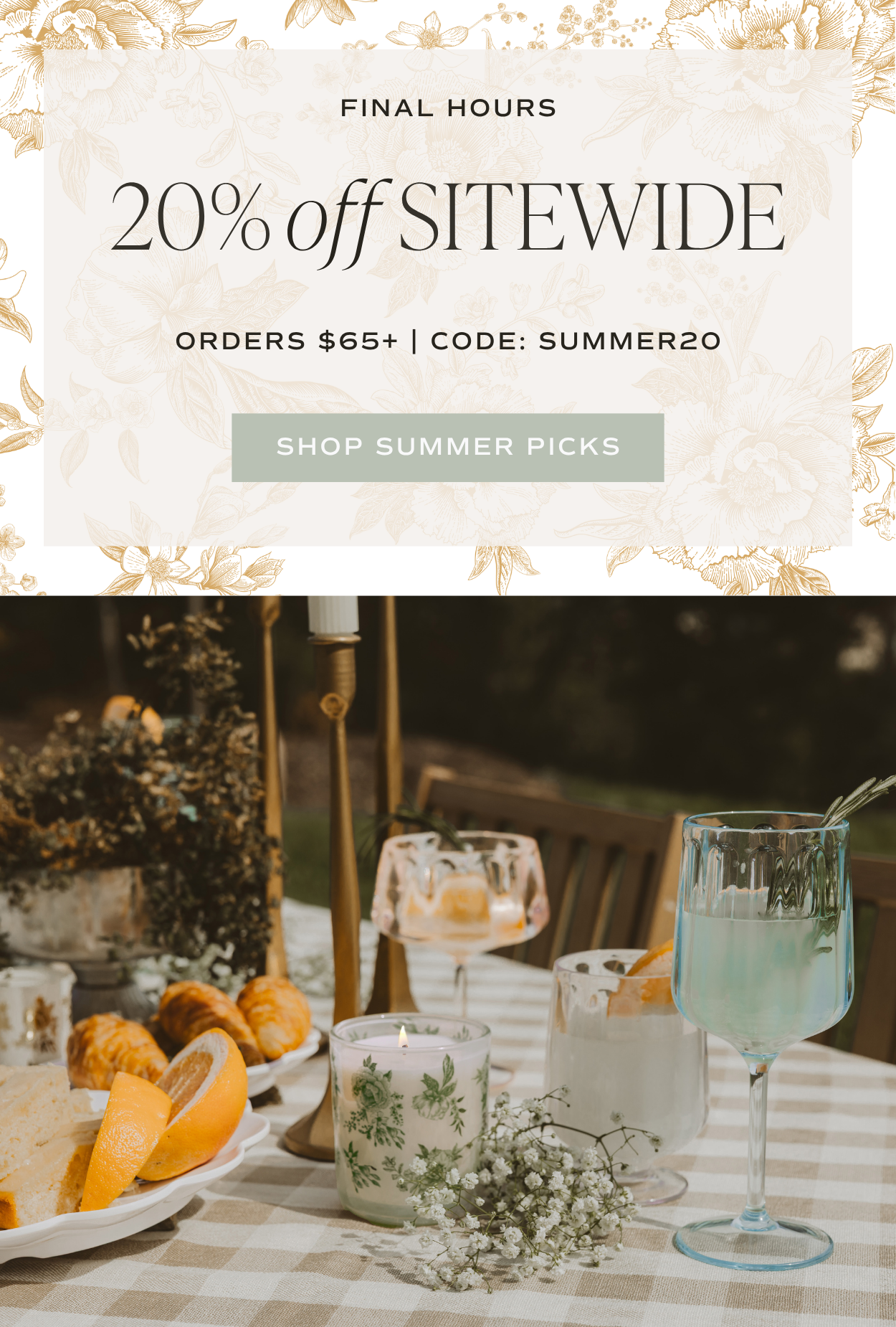 Shop 20% off Sitewide on orders $65+ now. Code: SUMMER20