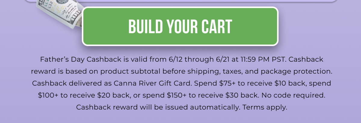 Build Your Cart Father’s Day Cashback is valid from 6/12 through 6/21 at 11:59 PM PST. Cashback reward is based on product subtotal before shipping, taxes, and package protection. Spend $75+ to receive $10 back, spend $100+ to receive $20 back, or spend $150+ to receive $30 back. No code required. Cashback reward will be issued automatically. Terms apply.