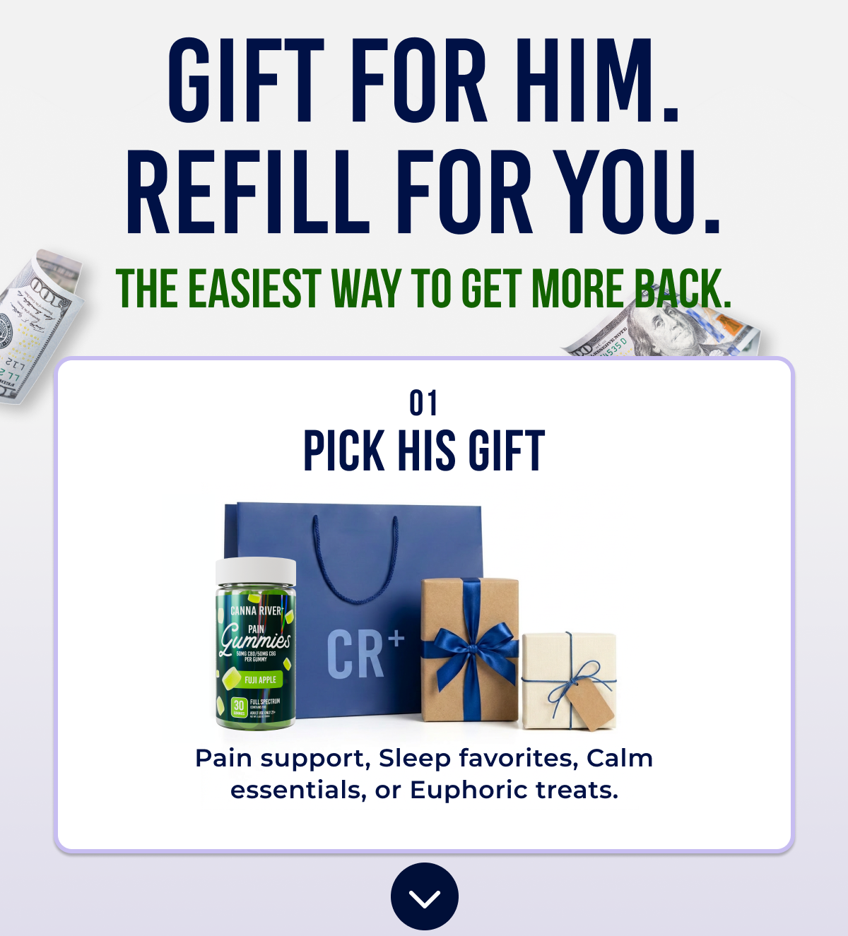 The easiest way to get more back. 01 Pick his gift Pain support, Sleep favorites, Calm essentials, or Euphoric treats.