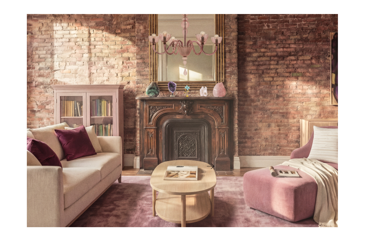 Brownstone with chaise, coffee table, chandelier, sofa, vintage cabinet, and crystals on the fireplace