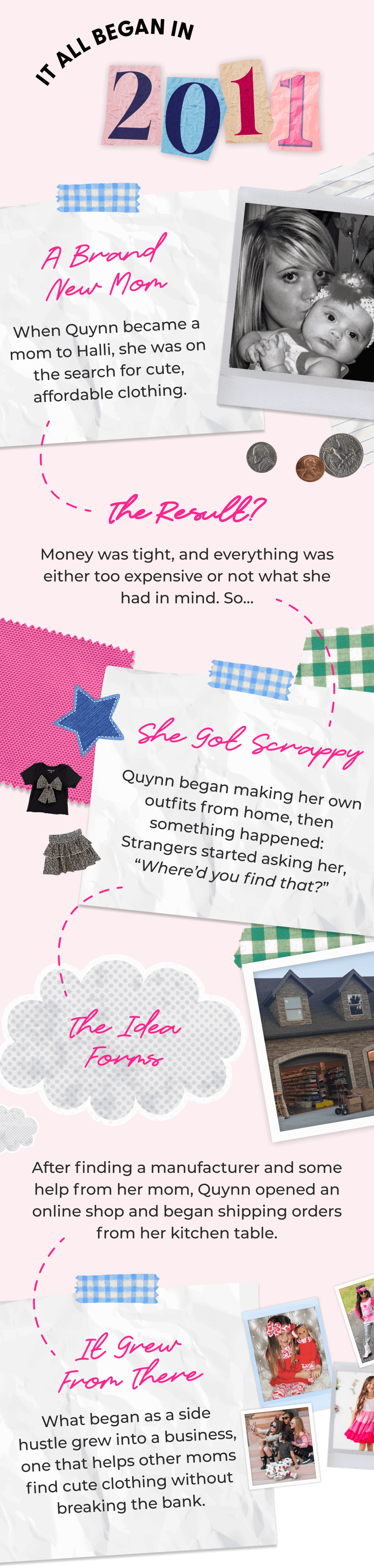 It All Began in 2011 - A Brand New Mom When Quynn became a mom to Halli, she was on the search for cute, affordable clothing. - The Result? Money was tight, and everything was either too expensive or not what she had in mind. So… - She Got Scrappy Quynn began making her own outfits from home, then something happened: Strangers started asking her, “Where’d you find that?” - The Idea Forms After finding a manufacturer and some help from her mom, Quynn opened an online shop and began shipping orders from her kitchen table. - It Grew From There What began as a side hustle grew into a business, one that helps other moms find cute clothing without breaking the bank. - We’ve Come a Long Way And we couldn’t have done it without the incredible team that helped make us (and you!) sparkle. - [MEET THE TEAM]