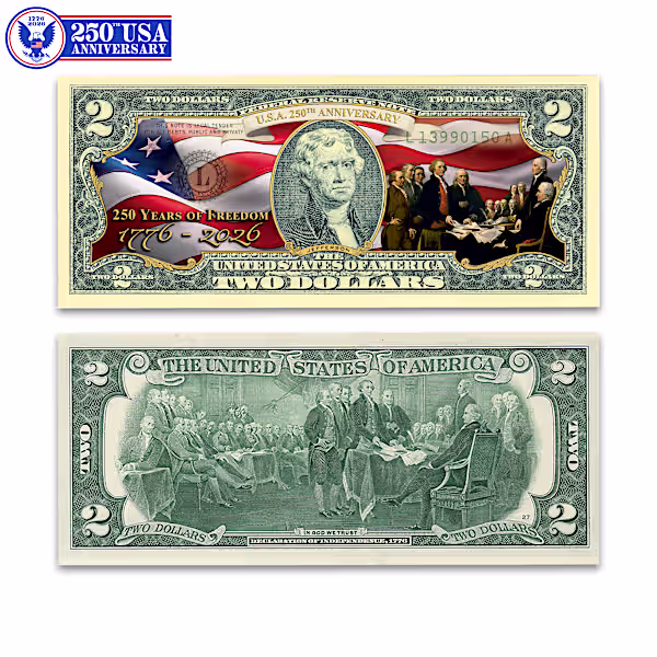 Genuine Legal Tender $2 Bills Privately Enhanced to Honor America's Birthday