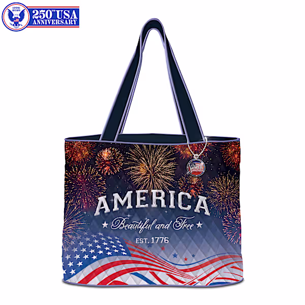 USA 250th Anniversary Patriotic Quilted Tote Bag With Charm
