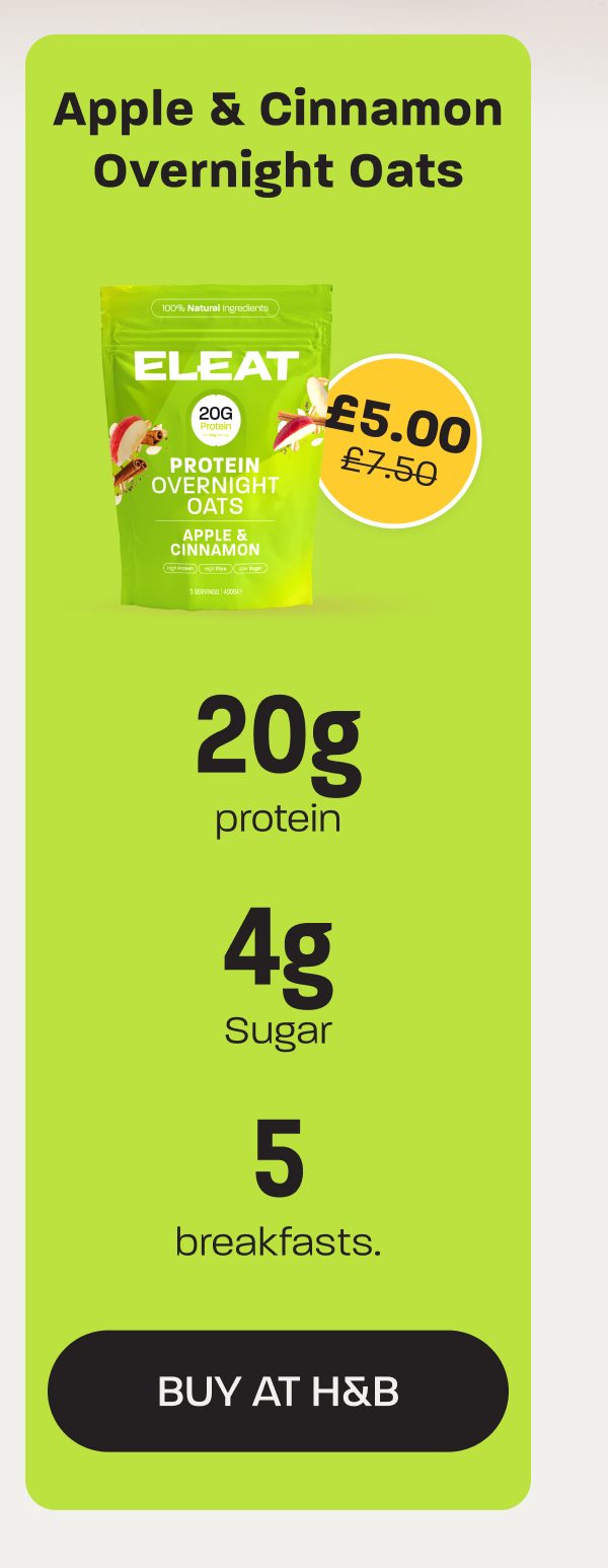 Apple and cinnamon overnight oats package with nutritional information and price.