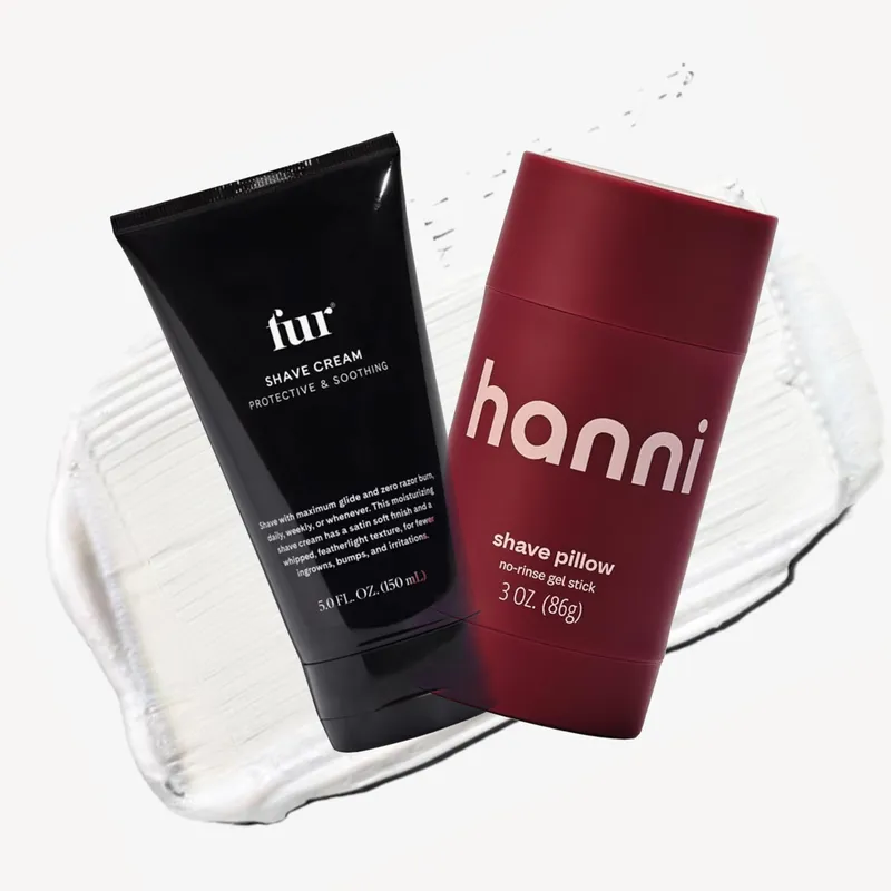 A collage of Fur and Hanni shave creams with a white product swatch on a light gray background