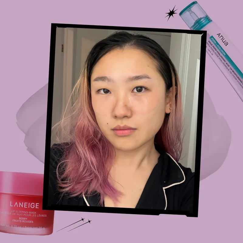A collage of an Allure editor wearing pink gel eye patches with other product silos on a purple background with black sparkles