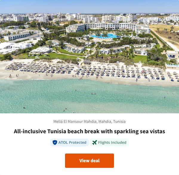 All-inclusive Tunisia beach break with sparkling sea vistas