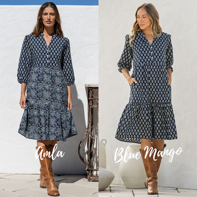 woman in blue and white maxi dress on country pathway