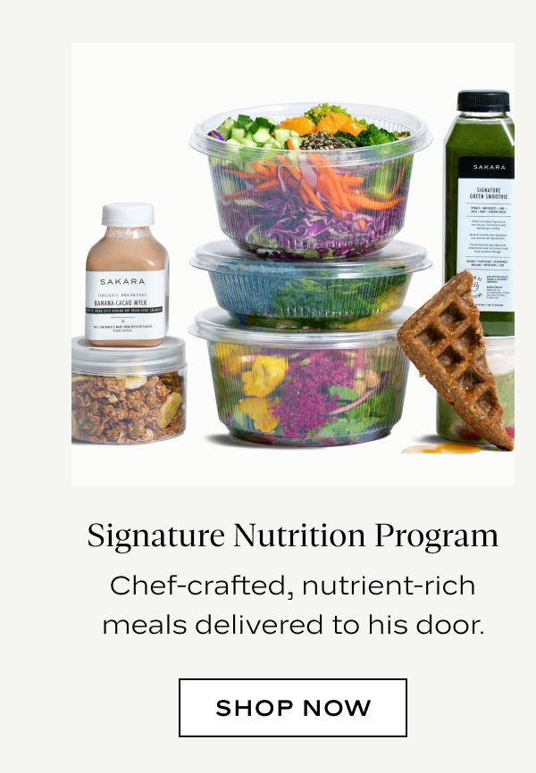 Spread of Sakara meals including colorful salad bowls, a green smoothie, banana-cacao mylk, granola, and a waffle, "Chef-crafted, nutrient-rich meals delivered to his door," with a Shop Now button