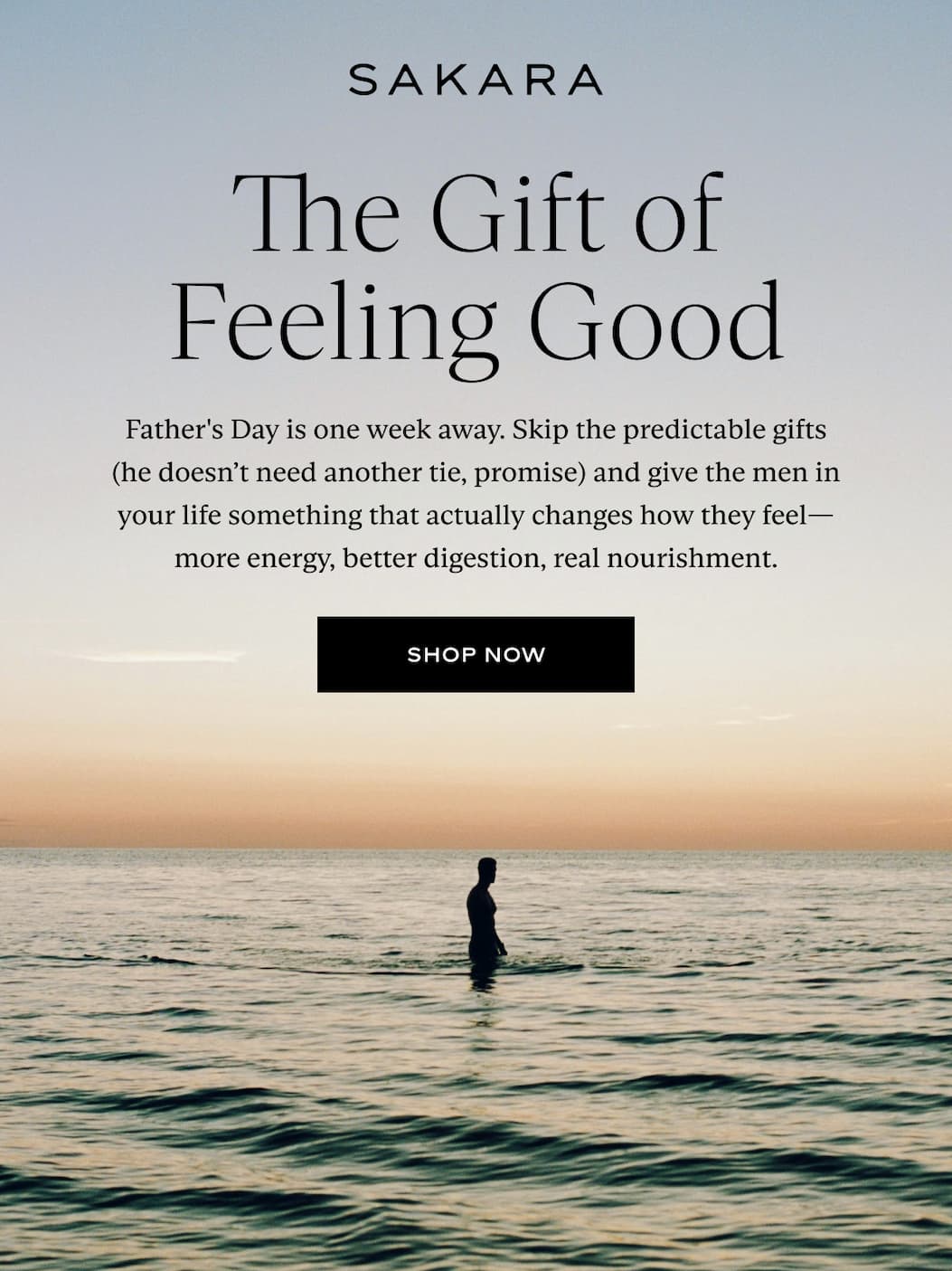 Man standing in calm ocean water at sunset, headline "The Gift of Feeling Good" with Father's Day copy and a Shop Now button