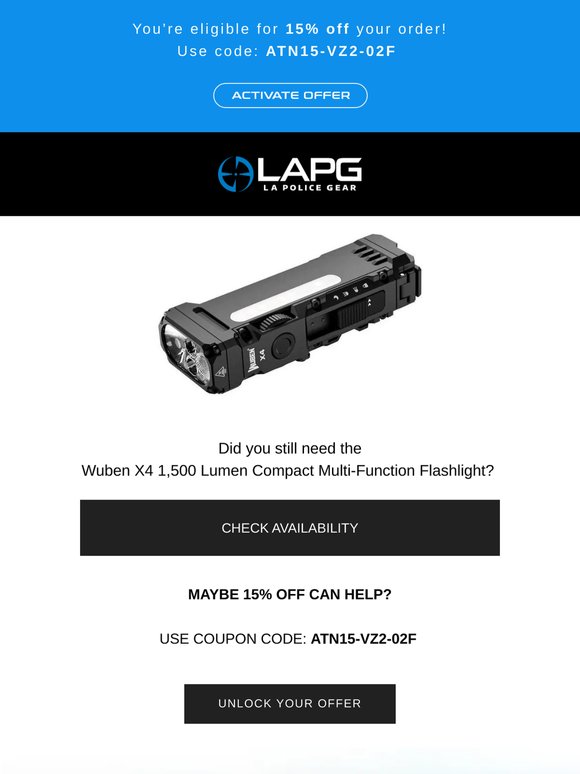 🚨 Last chance to redeem 15% off the Wuben X4 1,500 Lumen Compact Multi-Function Flashlight! 🚨