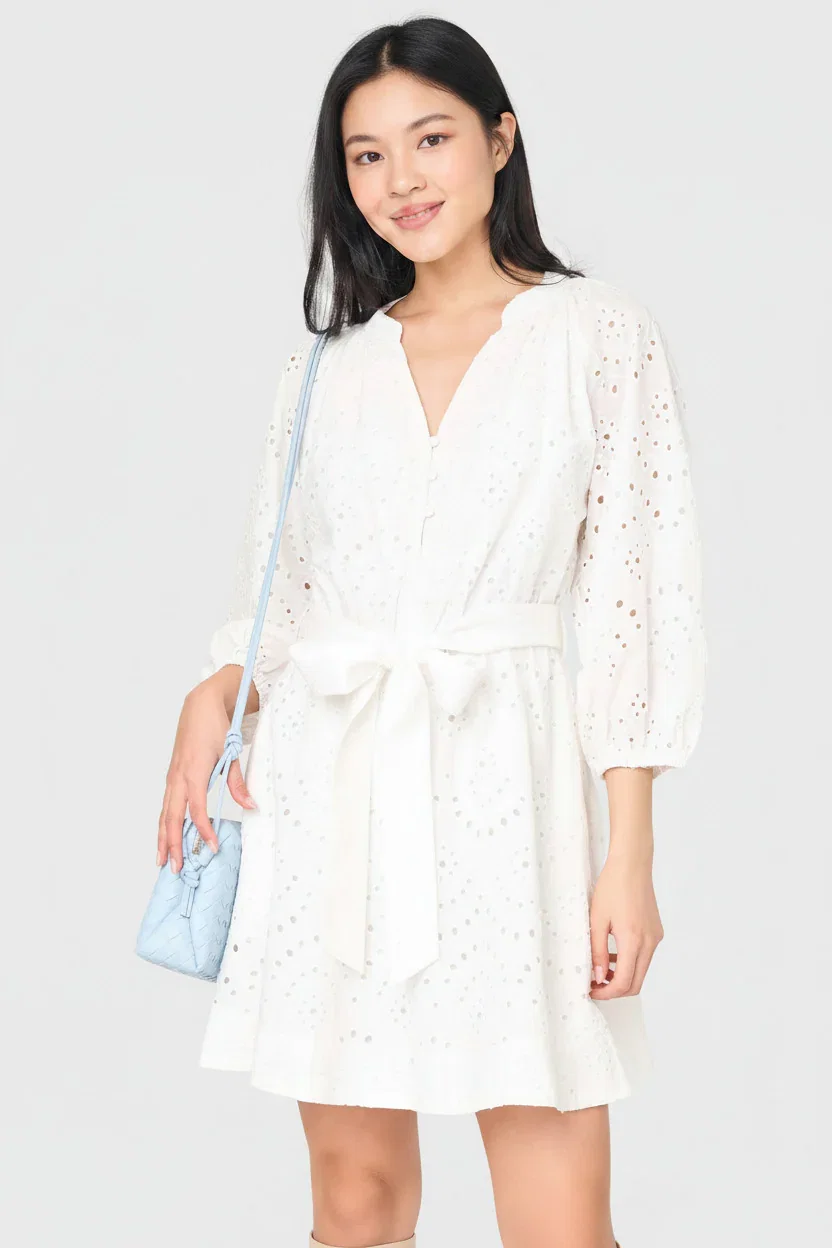 Image of 3/4 Blouson Sleeve Flare Eyelet Day Dress