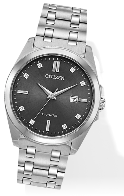 Silver Citizen watch with black dial. 
