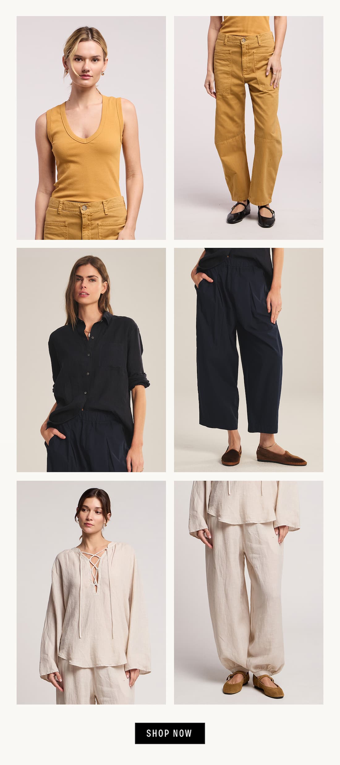 Image shows models wearing the Demi Top and Brylie Top in Teddy, the Mulholland Top and Easton Top in Navy, and the Camber Top and Salma Top in Cobble. Text reads "Shop Now"