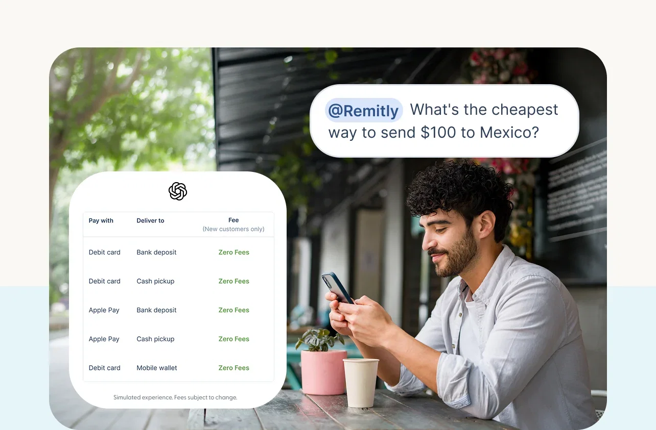 ⁨A person sits at an outdoor café smiling at their phone. Overlaid: a ChatGPT chat bubble showing the question @Remitly what's the cheapest way to send $100 to Mexico? and a simulated ChatGPT response table listing send options — Debit card or Apple Pay to Bank deposit, Cash pickup, or Mobile wallet — all showing Zero Fees for new customers. Disclaimer: Simulated experience. Fees subject to change.