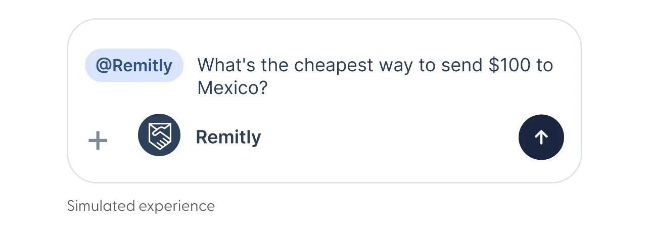a ChatGPT chat bubble showing the question @Remitly what's the cheapest way to send $100 to Mexico?