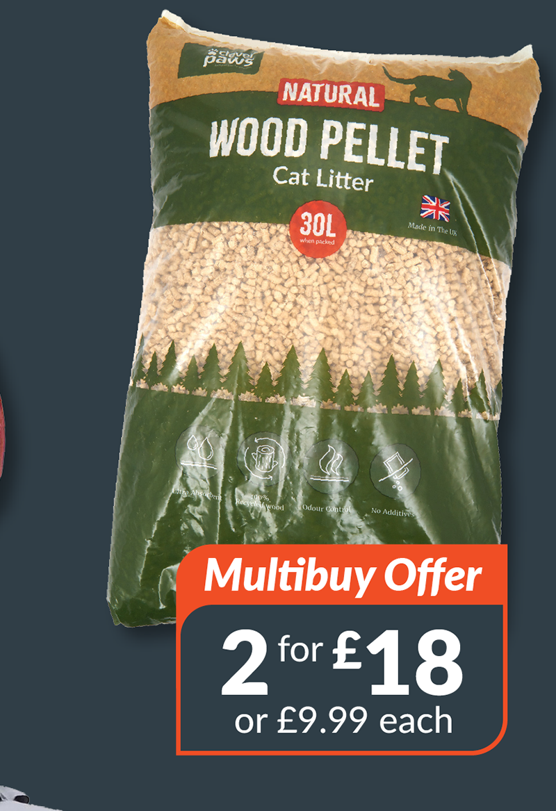 Natural wood pellet cat litter. Multibuy offer - 2 for £18 or £9.99 each