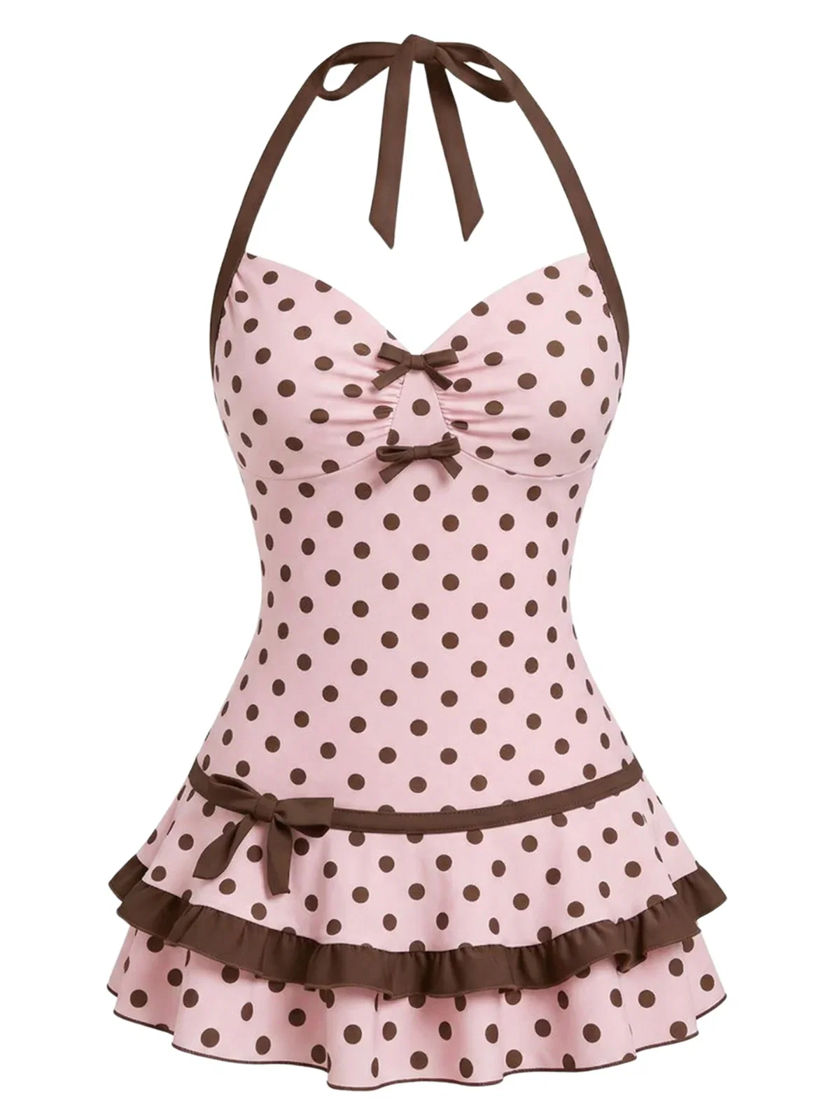 Pink 1940s Polka Dot Halter Bow One-Piece Swimdress