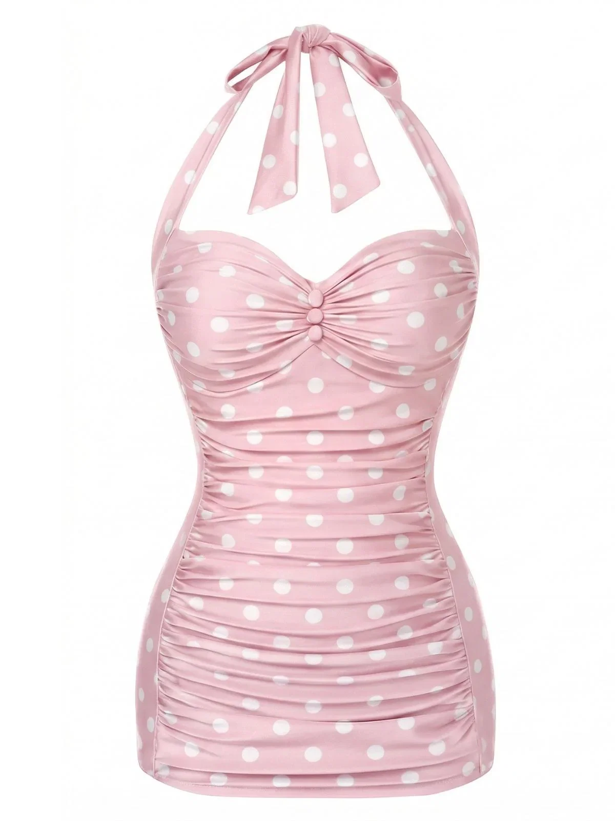 [Pre-Sale] Pink 1950s Polka Dots Gathered Halter Swimsuit
