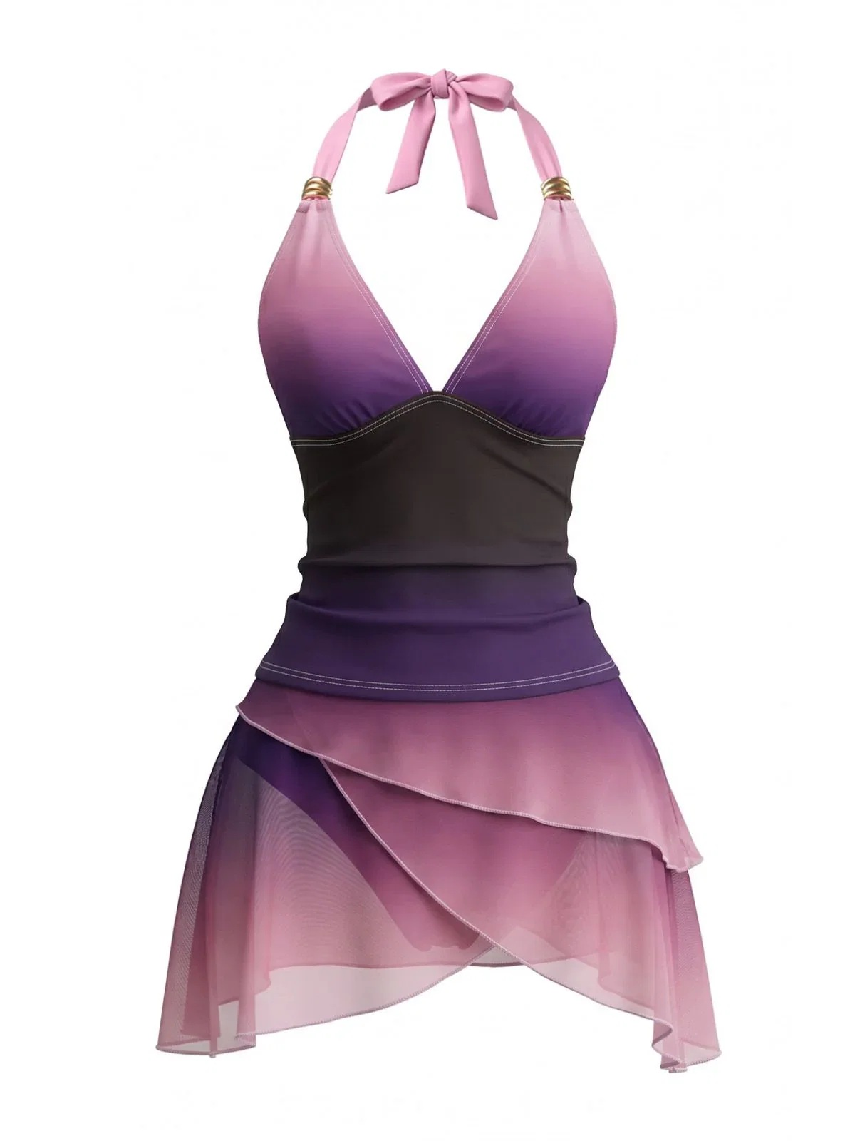 Lavender 1980s Halter Ombre Ruched Tankini Set