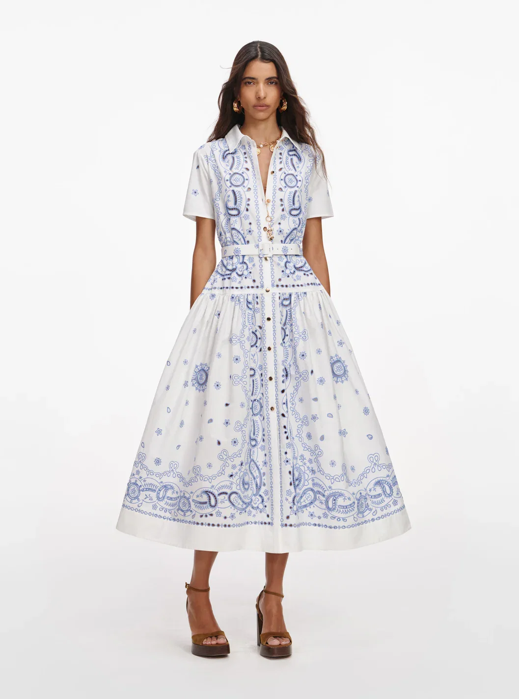 WHITE AND BLUE EMBROIDERED MIDI DRESS
