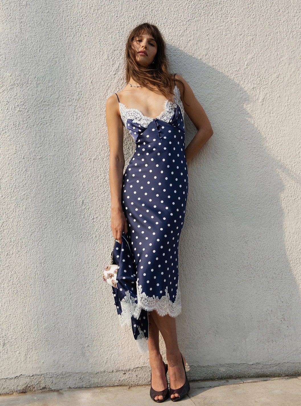NAVY SATIN POLKA DOT MIDI DRESS