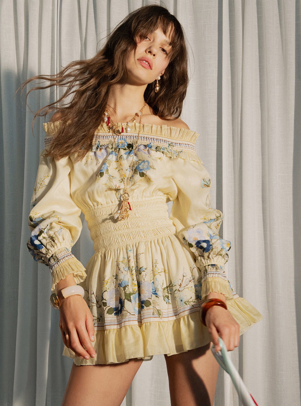YELLOW FLORAL ORGANZA RUFFLE MINI DRESS