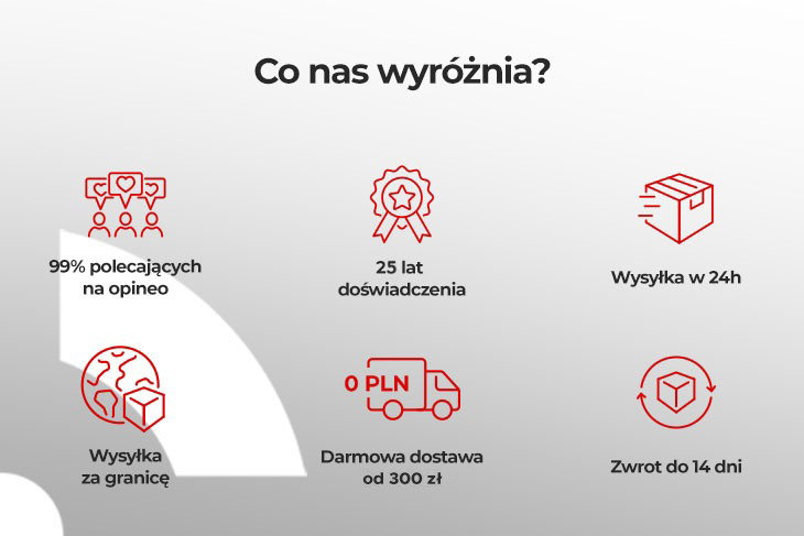 Najważniejsze cechy: 99% polecających na opineo, 20 lat doświadczenia, wysyłka w 24h, wysyłki za granicę, darmowa dostawa od 200zł, 14 dni na zwrot