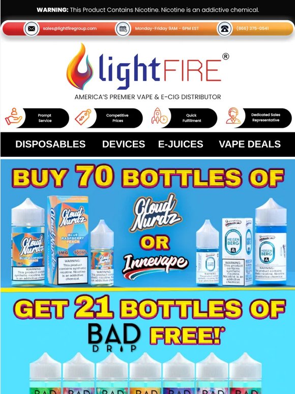 🔥 Buy 70 Cloud Nurdz/Innevape Bottles — Get 21 BAD DRIP FREE!