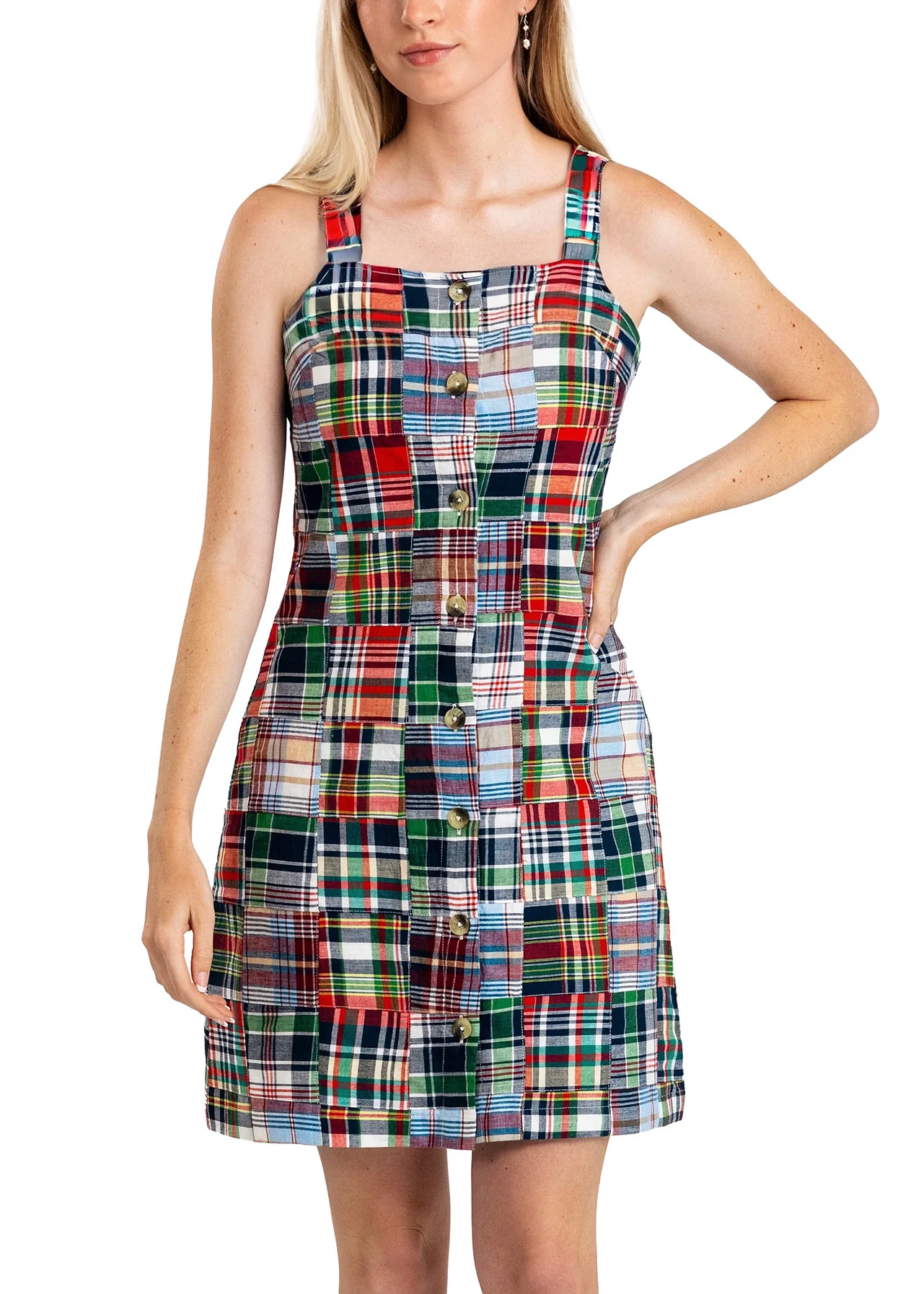 Image of Essex Patchwork Madras Button Down Shift Dress