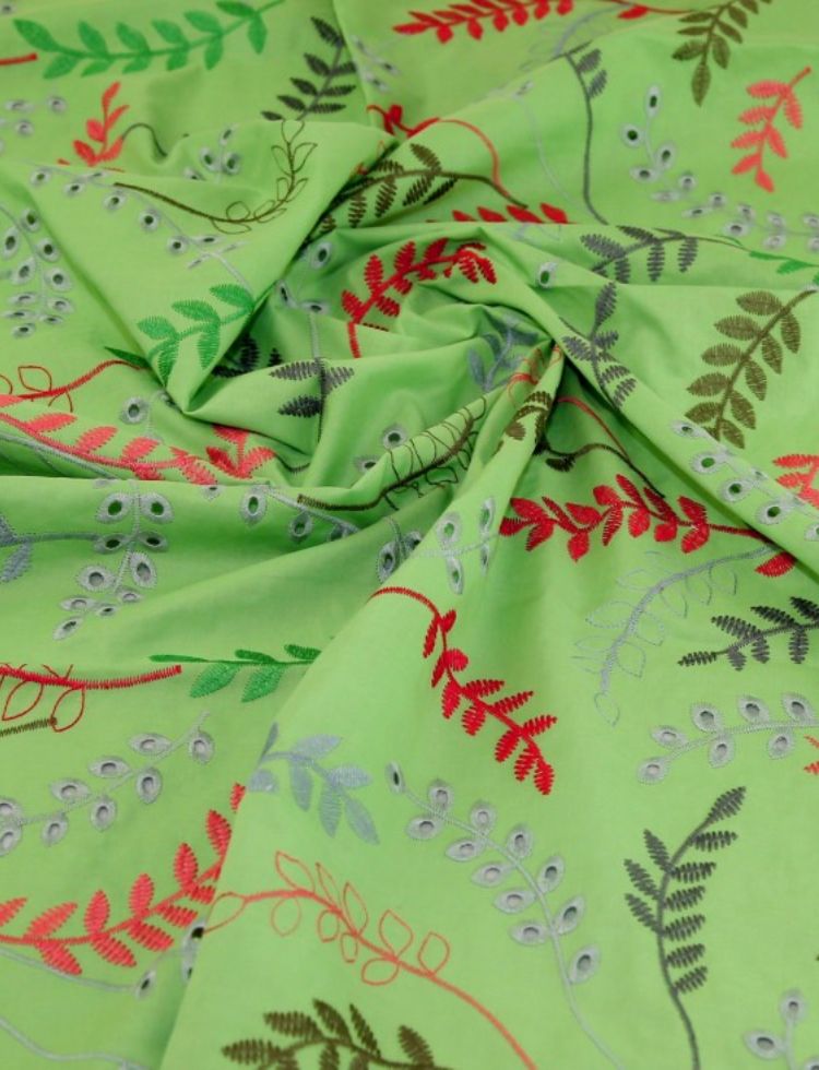 Deadstock Embroidered Cotton Lawn Fabric Green